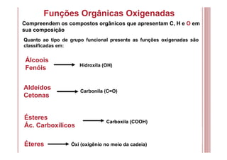 Funções Orgânicas Oxigenadas
Quanto ao tipo de grupo funcional presente as funções oxigenadas são
classificadas em:
Compreendem os compostos orgânicos que apresentam C, H e O em
sua composição
Álcoois
Fenóis Hidroxila (OH)
Aldeídos
Cetonas
Carbonila (C=O)
Ésteres
Ác. Carboxílicos
Carboxila (COOH)
Éteres Óxi (oxigênio no meio da cadeia)
 