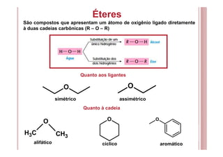 Éteres
São compostos que apresentam um átomo de oxigênio ligado diretamente
à duas cadeias carbônicas (R – O – R)
CH3
O
CH3
O O
Quanto aos ligantes
O O
simétrico assimétrico
Quanto à cadeia
alifático cíclico aromático
 