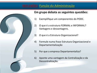 Em grupo debata as seguintes questões:
1) Exemplifique um componentes do PODC.
2) O que é a estrutura FORMAL e INFORMAL?
Vantagens e desvantagens.
3) O que é a Estrutura Organizacional?
4) Formule numa frase Estrutura Organizacional e
Departamentalização
5) Por que a empresa Departamentaliza?
6) Aponte uma vantagem da Centralização e da
Descentralização.

 