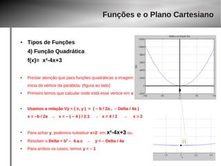 ● Tipos de Funções 
4) Função Quadrática 
f(x)= x²-4x+3 
● Prestar atenção que para funções quadráticas a imagem 
inicia do vértice da parábola. (figura ao lado) 
● Primeiro temos que calcular onde está esse vértice em x 
● Usamos a relação Vy = ( x, y ) = ( – b / 2a , – Delta / 4a ) 
x = –b / 2a → x = – ( – 4 ) / 2.1 → x = 4 / 2 → x = 2 
● Para achar y, podemos substituir x=2 em x²-4x+3 ou, 
● Resolver o Delta = b2 – 4.a.c → y = – Delta / 4a 
● Para ambos os casos, temos y = – 1 
Funções e o Plano Cartesiano 
 