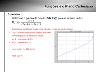Exercícios 
Determine o gráfico da função, D(f), Im(f) para as funções dadas 
6) 
● Desenhando o gráfico da função neste intervalo, vemos que ela é contínua. 
● Logo, podemos determinar a imagem aplicando 
o limite negativo e o positivo na função: 
● x=–3 teremos y=–1.429 
● x= 5 teremos y=4.25 
● Logo, Im(f) = [–1.429, 4.25 ] 
● Fácil, fácil !!!! 
Funções e o Plano Cartesiano 
f  x= 3x2 
2x6−3x15 
 