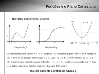 Funções e o Plano Cartesiano 
Injetoras, Sobrejetoras, Bijetoras 
Injetora somente o gráfico da função g 
 