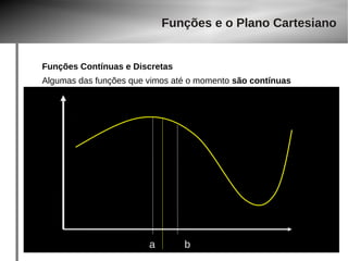 Funções e o Plano Cartesiano 
Funções Contínuas e Discretas 
Algumas das funções que vimos até o momento são contínuas 
a b 
 
