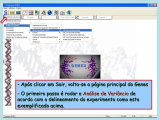 - Após clicar em Sair, volta-se a página principal do Genes
- O primeiro passo é rodar a Análise de Variância de
acordo com o delineamento do experimento como esta
exemplificado acima.
 