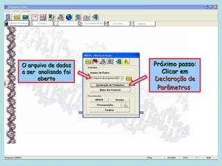 O arquivo de dados    Próximo passo:
a ser analisado foi      Clicar em
      aberto          Declaração de
                       Parâmetros
 