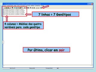 7 linhas = 7 Genótipos

4 colunas = Médias das quatro
variáveis para cada genótipo




                  Por último, clicar em sair
 