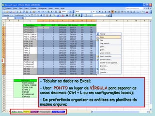 - Tabular os dados no Excel;
- Usar PONTO no lugar de VÍRGULA para separar as
casas decimais (Ctrl + L ou em configurações locais);
- De preferência organizar as análises em planilhas do
mesmo arquivo;
 