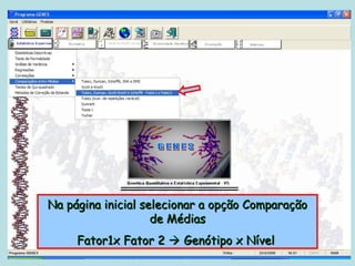 Na página inicial selecionar a opção Comparação
                    de Médias
     Fator1x Fator 2  Genótipo x Nível
 