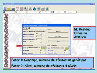 GL Resíduo:
                                          Olhar na
                                          ANOVA




Fator 1: Genótipo, número de efeitos =8 genótipos
Fator 2: Nível, número de efeitos = 4 níveis
 