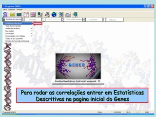 Para rodar as correlações entrar em Estatísticas
      Descritivas na pagina inicial do Genes
 