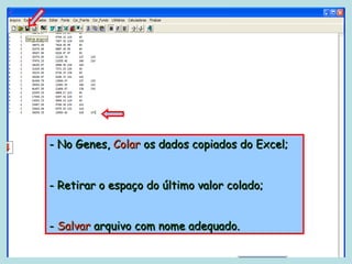 - No Genes, Colar os dados copiados do Excel;


- Retirar o espaço do último valor colado;


- Salvar arquivo com nome adequado.
 