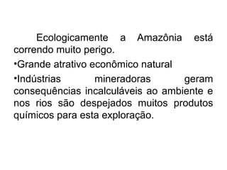 Ecologicamente a Amazônia está
correndo muito perigo.
•Grande atrativo econômico natural
•Indústrias mineradoras geram
consequências incalculáveis ao ambiente e
nos rios são despejados muitos produtos
químicos para esta exploração.
 