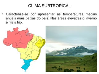 CLIMA SUBTROPICAL
• Caracteriza-se por apresentar as temperaturas médias
anuais mais baixas do país. Nas áreas elevadas o inverno
é mais frio.
 