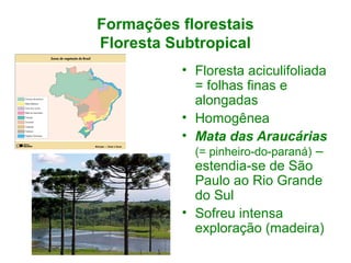 Formações florestais
Floresta Subtropical
• Floresta aciculifoliada
= folhas finas e
alongadas
• Homogênea
• Mata das Araucárias
(= pinheiro-do-paraná) –
estendia-se de São
Paulo ao Rio Grande
do Sul
• Sofreu intensa
exploração (madeira)
 