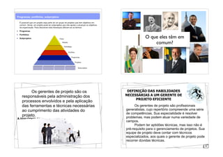 O que eles têm em
comum?
34
A informação deve ser:
Os gerentes de projeto são os
responsáveis pela administração dos
processos envolvidos e pela aplicação
das ferramentas e técnicas necessárias
ao cumprimento das atividades do
projeto.
11
DEFINIÇÃO DAS HABILIDADES
NECESSÁRIAS A UM GERENTE DE
PROJETO EFICIENTE
Os gerentes de projeto são profissionais
generalistas, cujo repertório compreende uma série
de competências. Sua especialidade é resolver
problemas, mas podem atuar numa variedade de
campos.
Podem ter aptidões técnicas, mas isso não é
pré-requisito para o gerenciamento de projetos. Sua
equipe de projeto deve contar com técnicos
especializados, aos quais o gerente de projeto pode
recorrer dúvidas técnicas.
 