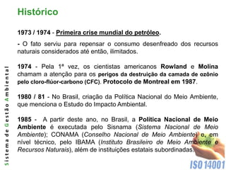 Histórico

                              1973 / 1974 - Primeira crise mundial do petróleo.
                              - O fato serviu para repensar o consumo desenfreado dos recursos
                              naturais considerados até então, ilimitados.

                              1974 - Pela 1ª vez, os cientistas americanos Rowland e Molina
Sistema de Gestão Ambiental




                              chamam a atenção para os perigos da destruição da camada de ozônio
                              pelo cloro-flúor-carbono (CFC). Protocolo de Montreal em 1987.

                              1980 / 81 - No Brasil, criação da Política Nacional do Meio Ambiente,
                              que menciona o Estudo do Impacto Ambiental.

                              1985 - A partir deste ano, no Brasil, a Política Nacional de Meio
                              Ambiente é executada pelo Sisnama (Sistema Nacional de Meio
                              Ambiente); CONAMA (Conselho Nacional de Meio Ambiente) e, em
                              nível técnico, pelo IBAMA (Instituto Brasileiro de Meio Ambiente e
                              Recursos Naturais), além de instituições estatais subordinadas.
 