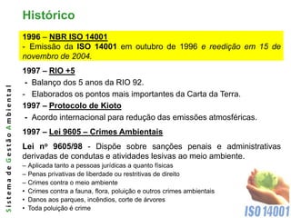 Histórico
                              1996 – NBR ISO 14001
                              - Emissão da ISO 14001 em outubro de 1996 e reedição em 15 de
                              novembro de 2004.
                              1997 – RIO +5
                               - Balanço dos 5 anos da RIO 92.
Sistema de Gestão Ambiental




                              - Elaborados os pontos mais importantes da Carta da Terra.
                              1997 – Protocolo de Kioto
                               - Acordo internacional para redução das emissões atmosféricas.
                              1997 – Lei 9605 – Crimes Ambientais
                              Lei no 9605/98 - Dispõe sobre sanções penais e administrativas
                              derivadas de condutas e atividades lesivas ao meio ambiente.
                              –   Aplicada tanto a pessoas jurídicas a quanto físicas
                              –   Penas privativas de liberdade ou restritivas de direito
                              –   Crimes contra o meio ambiente
                              •   Crimes contra a fauna, flora, poluição e outros crimes ambientais
                              •   Danos aos parques, incêndios, corte de árvores
                              •   Toda poluição é crime
 