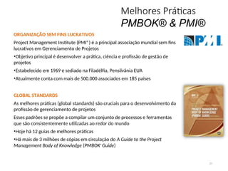 Melhores Práticas
PMBOK® & PMI®
27
ORGANIZAÇÃO SEM FINS LUCRATIVOS
Project Management Institute (PMI®) é a principal associação mundial sem fins
lucrativos em Gerenciamento de Projetos
•Objetivo principal é desenvolver a prática, ciência e profissão de gestão de
projetos
•Estabelecido em 1969 e sediado na Filadélfia, Pensilvânia EUA
•Atualmente conta com mais de 500.000 associados em 185 países
GLOBAL STANDARDS
As melhores práticas (global standards) são cruciais para o desenvolvimento da
profissão de gerenciamento de projetos
Esses padrões se propõe a compilar um conjunto de processos e ferramentas
que são consistentemente utilizadas ao redor do mundo
•Hoje há 12 guias de melhores práticas
•Há mais de 3 milhões de cópias em circulação do A Guide to the Project
Management Body of Knowledge (PMBOK® Guide)
 