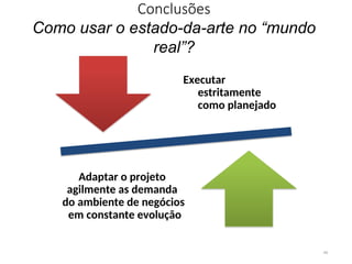 Conclusões
Como usar o estado-da-arte no “mundo
real”?
46
Executar
estritamente
como planejado
Adaptar o projeto
agilmente as demanda
do ambiente de negócios
em constante evolução
 