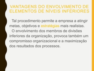 VANTAGENS DO ENVOLVIMENTO DE
ELEMENTOS DE NÍVEIS INFERIORES
Tal procedimento permite a empresa a atingir
metas, objetivos e estratégias mais realistas.
O envolvimento dos membros de divisões
inferiores da organização, provoca também um
compromisso organizacional e a maximização
dos resultados dos processos.
 