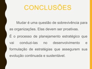 CONCLUSÕES
Mudar é uma questão de sobrevivência para
as organizações. Elas devem ser proativas.
É o processo de planejamento estratégico que
vai conduzi-las no desenvolvimento e
formulação de estratégias que assegurem sua
evolução continuada e sustentável.
 