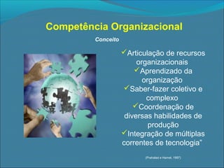 Competência Organizacional
Conceito

Articulação de recursos
organizacionais
Aprendizado da
organização
Saber-fazer coletivo e
complexo
Coordenação de
diversas habilidades de
produção
Integração de múltiplas
correntes de tecnologia”
(Prahalad e Hamel, 1997)

 