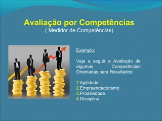 Avaliação por Competências
( Medidor de Competências)

Exemplo:
Veja a seguir a Avaliação de
algumas
Competências
Orientadas para Resultados:
1.Agilidade
2.Empreendedorismo
3.Proatividade
4.Disciplina

 