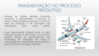 FRAGMENTAÇÃO DO PROCESSO
PRODUTIVO
• Durante as últimas décadas buscando
aumentar a produtividade e diminuir os
custos, muitas empresas passaram a dividir as
fases de produção e de montagem das
mercadorias entre vários países.
• Essas fragmentação utilizada tanto no setor
industrial quanto no de serviço, só se tornou
possível devido ao aprimoramento das
tecnologias de transporte em massa e
comunicação em tempo Real, desenvolvidas a
partir da terceira revolução industrial
 
