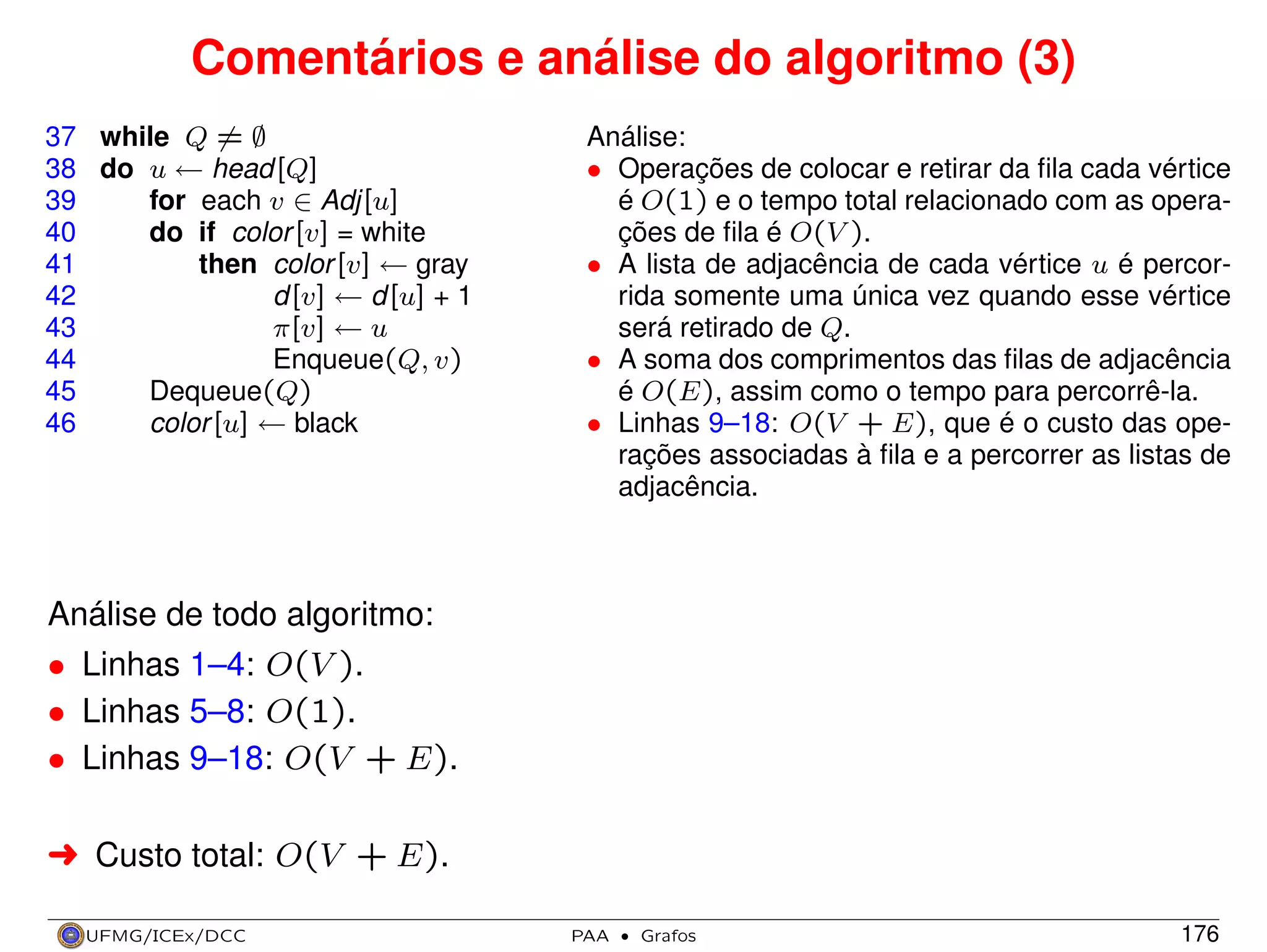 Comentários e análise do algoritmo (3)
37 while Q = ∅
38 do u ← head[Q]
39
for each v ∈ Adj[u]
40
do if color [v] = white
41
then color [v] ← gray
42
d[v] ← d[u] + 1
43
π[v] ← u
44
Enqueue(Q, v)
45
Dequeue(Q)
46
color [u] ← black

Análise:
• Operações de colocar e retirar da ﬁla cada vértice
é O(1) e o tempo total relacionado com as operações de ﬁla é O(V ).
• A lista de adjacência de cada vértice u é percorrida somente uma única vez quando esse vértice
será retirado de Q.
• A soma dos comprimentos das ﬁlas de adjacência
é O(E), assim como o tempo para percorrê-la.
• Linhas 9–18: O(V + E), que é o custo das operações associadas à ﬁla e a percorrer as listas de
adjacência.

Análise de todo algoritmo:
• Linhas 1–4: O(V ).
• Linhas 5–8: O(1).
• Linhas 9–18: O(V + E).
§ Custo total: O(V + E).
UFMG/ICEx/DCC

PAA

·

Grafos

176

 