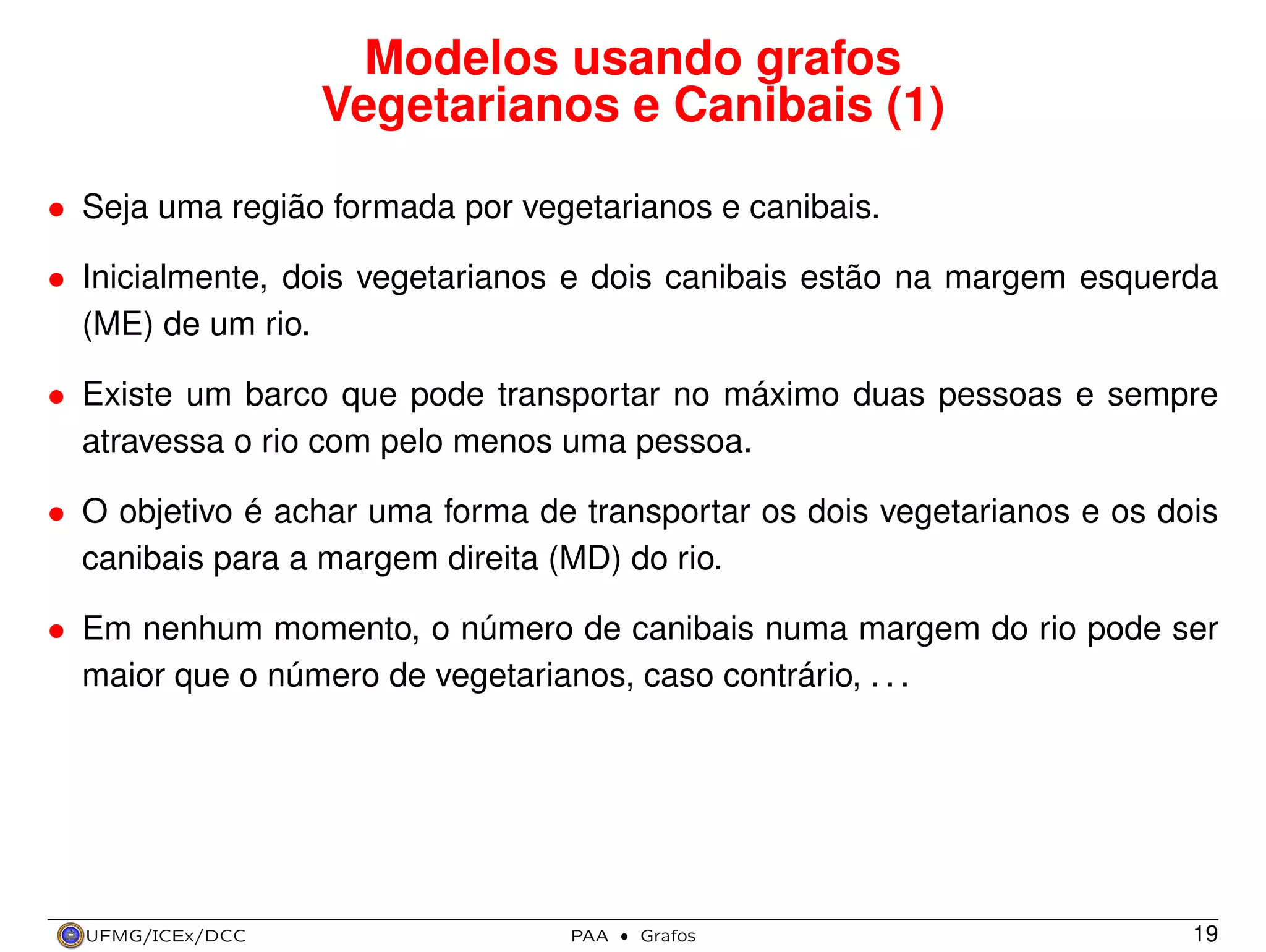 Modelos usando grafos
Vegetarianos e Canibais (1)
• Seja uma região formada por vegetarianos e canibais.
• Inicialmente, dois vegetarianos e dois canibais estão na margem esquerda
(ME) de um rio.
• Existe um barco que pode transportar no máximo duas pessoas e sempre
atravessa o rio com pelo menos uma pessoa.
• O objetivo é achar uma forma de transportar os dois vegetarianos e os dois
canibais para a margem direita (MD) do rio.
• Em nenhum momento, o número de canibais numa margem do rio pode ser
maior que o número de vegetarianos, caso contrário, . . .

UFMG/ICEx/DCC

PAA

·

Grafos

19

 