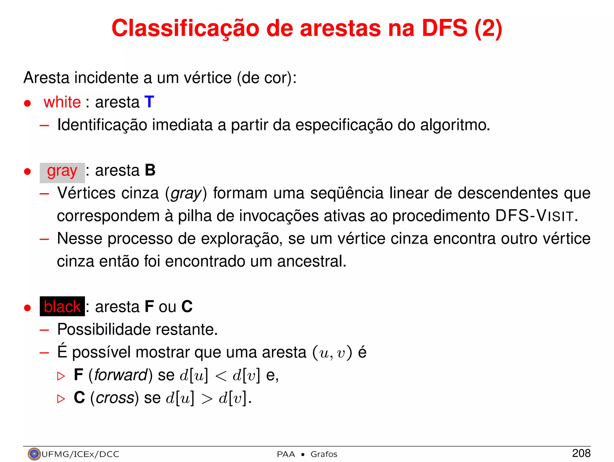 Classiﬁcação de arestas na DFS (2)
Aresta incidente a um vértice (de cor):
• white : aresta T
– Identiﬁcação imediata a partir da especiﬁcação do algoritmo.
• gray : aresta B
– Vértices cinza (gray ) formam uma seqüência linear de descendentes que
correspondem à pilha de invocações ativas ao procedimento DFS-V ISIT.
– Nesse processo de exploração, se um vértice cinza encontra outro vértice
cinza então foi encontrado um ancestral.
• black : aresta F ou C
– Possibilidade restante.
– É possível mostrar que uma aresta (u, v) é
F (forward) se d[u] < d[v] e,
C (cross) se d[u] > d[v].

UFMG/ICEx/DCC

PAA

·

Grafos

208

 
