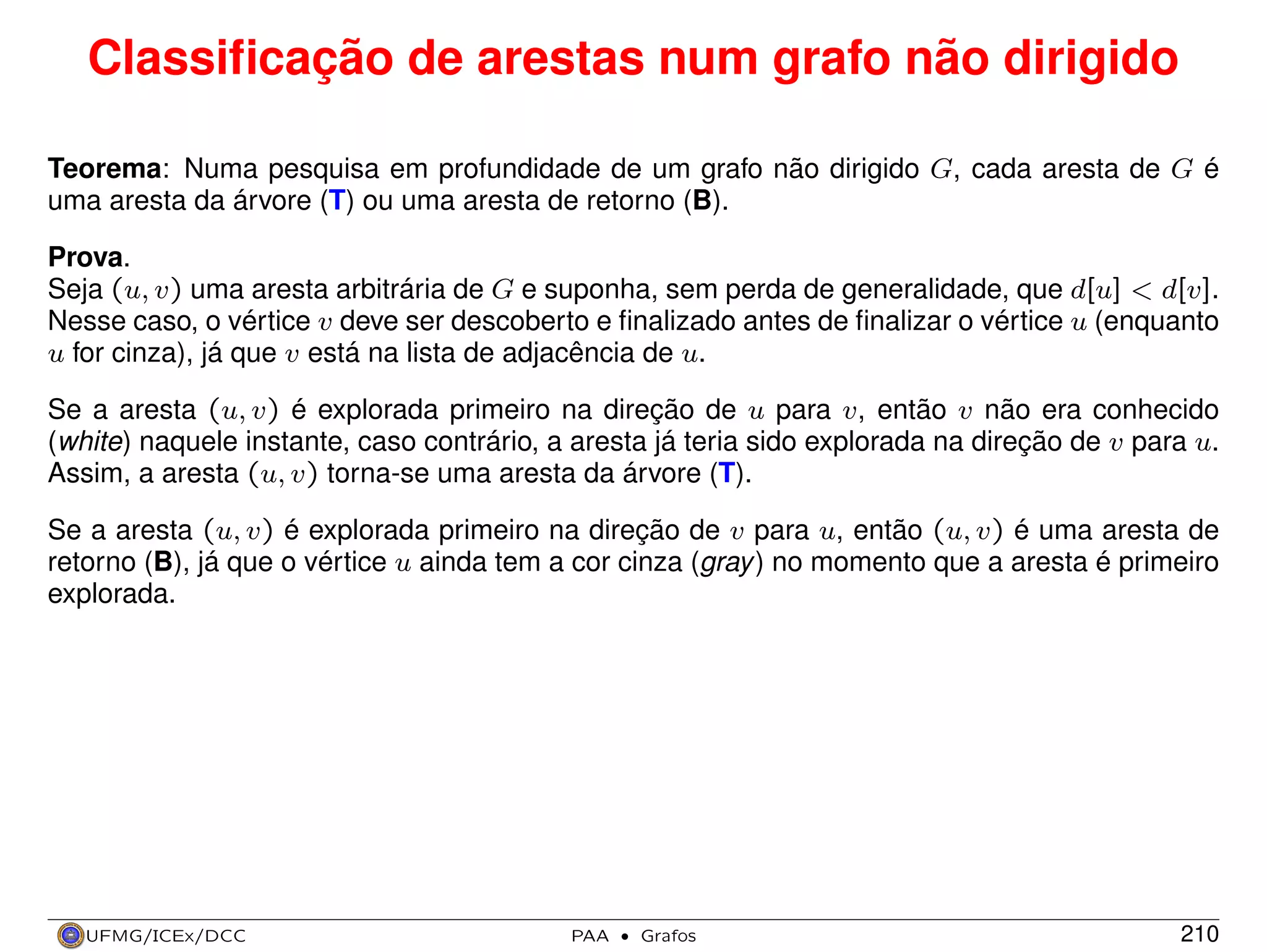 Classiﬁcação de arestas num grafo não dirigido
Teorema: Numa pesquisa em profundidade de um grafo não dirigido G, cada aresta de G é
uma aresta da árvore (T) ou uma aresta de retorno (B).
Prova.
Seja (u, v) uma aresta arbitrária de G e suponha, sem perda de generalidade, que d[u] < d[v].
Nesse caso, o vértice v deve ser descoberto e ﬁnalizado antes de ﬁnalizar o vértice u (enquanto
u for cinza), já que v está na lista de adjacência de u.
Se a aresta (u, v) é explorada primeiro na direção de u para v, então v não era conhecido
(white) naquele instante, caso contrário, a aresta já teria sido explorada na direção de v para u.
Assim, a aresta (u, v) torna-se uma aresta da árvore (T).
Se a aresta (u, v) é explorada primeiro na direção de v para u, então (u, v) é uma aresta de
retorno (B), já que o vértice u ainda tem a cor cinza (gray ) no momento que a aresta é primeiro
explorada.

UFMG/ICEx/DCC

PAA

·

Grafos

210

 