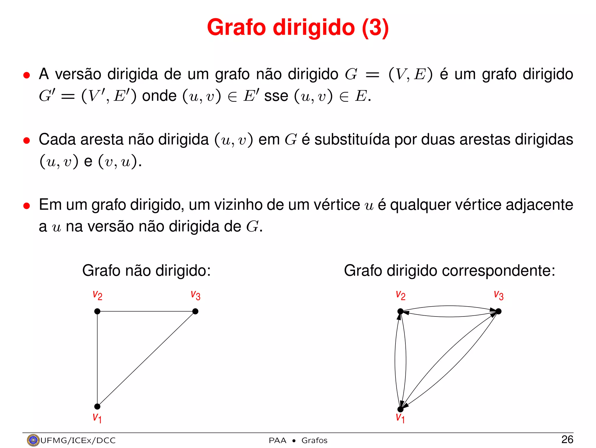 Grafo dirigido (3)
• A versão dirigida de um grafo não dirigido G = (V, E) é um grafo dirigido
G = (V , E ) onde (u, v) ∈ E sse (u, v) ∈ E.
• Cada aresta não dirigida (u, v) em G é substituída por duas arestas dirigidas
(u, v) e (v, u).
• Em um grafo dirigido, um vizinho de um vértice u é qualquer vértice adjacente
a u na versão não dirigida de G.
Grafo não dirigido:
v2

Grafo dirigido correspondente:

v3

v2

v1
UFMG/ICEx/DCC

v3

v1
PAA

·

Grafos

26

 
