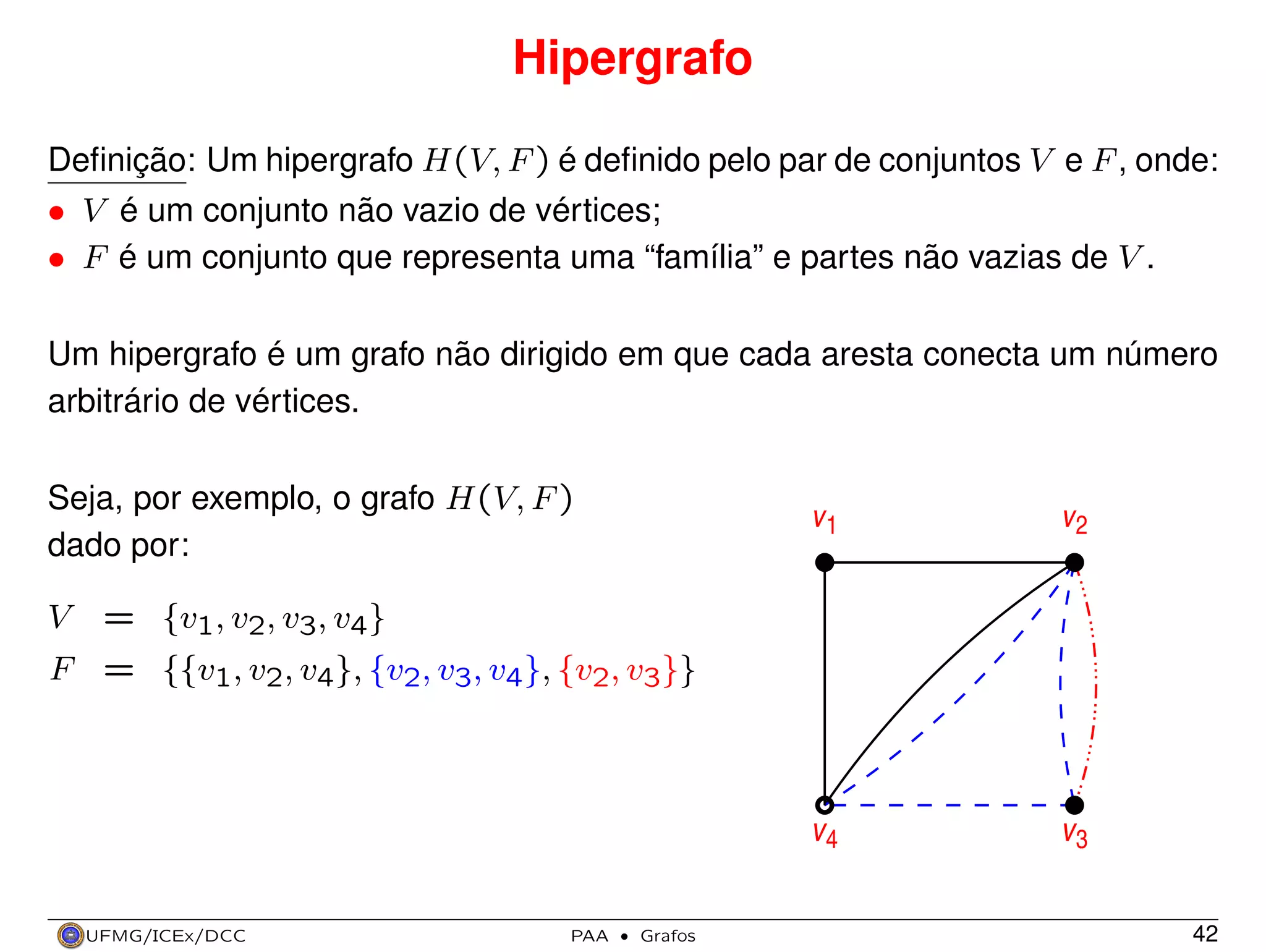 Hipergrafo
Deﬁnição: Um hipergrafo H(V, F ) é deﬁnido pelo par de conjuntos V e F , onde:
• V é um conjunto não vazio de vértices;
• F é um conjunto que representa uma “família” e partes não vazias de V .
Um hipergrafo é um grafo não dirigido em que cada aresta conecta um número
arbitrário de vértices.
Seja, por exemplo, o grafo H(V, F )
dado por:

v1

v2

v4

v3

= {v1, v2, v3, v4}
F = {{v1, v2, v4}, {v2, v3, v4}, {v2, v3}}

V

UFMG/ICEx/DCC

PAA

·

Grafos

42

 