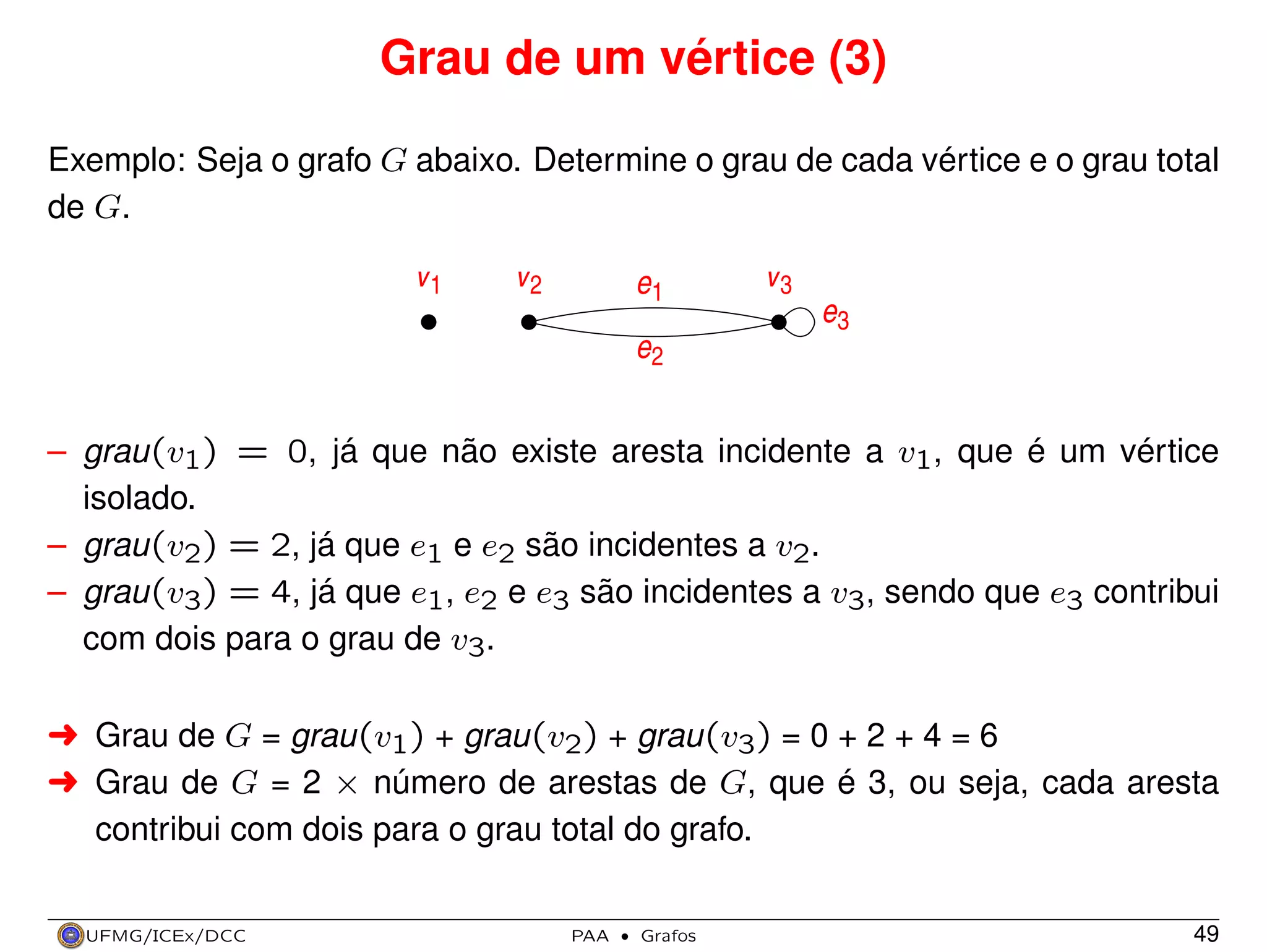 Grau de um vértice (3)
Exemplo: Seja o grafo G abaixo. Determine o grau de cada vértice e o grau total
de G.

v1

v2

e1

v3
e3

e2
– grau(v1) = 0, já que não existe aresta incidente a v1, que é um vértice
isolado.
– grau(v2) = 2, já que e1 e e2 são incidentes a v2.
– grau(v3) = 4, já que e1, e2 e e3 são incidentes a v3, sendo que e3 contribui
com dois para o grau de v3.
§ Grau de G = grau(v1) + grau(v2) + grau(v3) = 0 + 2 + 4 = 6
§ Grau de G = 2 × número de arestas de G, que é 3, ou seja, cada aresta
contribui com dois para o grau total do grafo.
UFMG/ICEx/DCC

PAA

·

Grafos

49

 