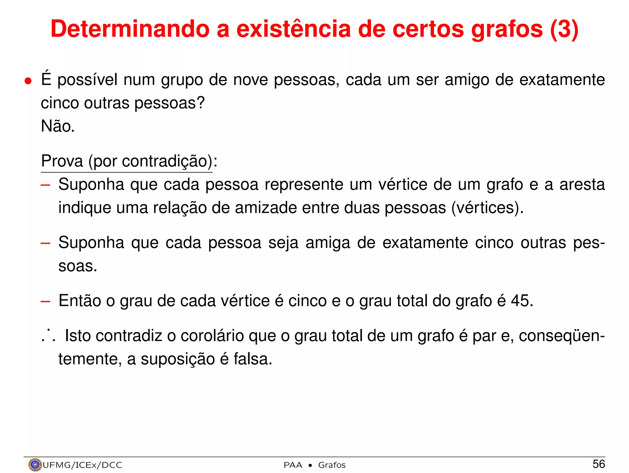 Determinando a existência de certos grafos (3)
• É possível num grupo de nove pessoas, cada um ser amigo de exatamente
cinco outras pessoas?
Não.
Prova (por contradição):
– Suponha que cada pessoa represente um vértice de um grafo e a aresta
indique uma relação de amizade entre duas pessoas (vértices).
– Suponha que cada pessoa seja amiga de exatamente cinco outras pessoas.
– Então o grau de cada vértice é cinco e o grau total do grafo é 45.
.
. . Isto contradiz o corolário que o grau total de um grafo é par e, conseqüentemente, a suposição é falsa.

UFMG/ICEx/DCC

PAA

·

Grafos

56

 