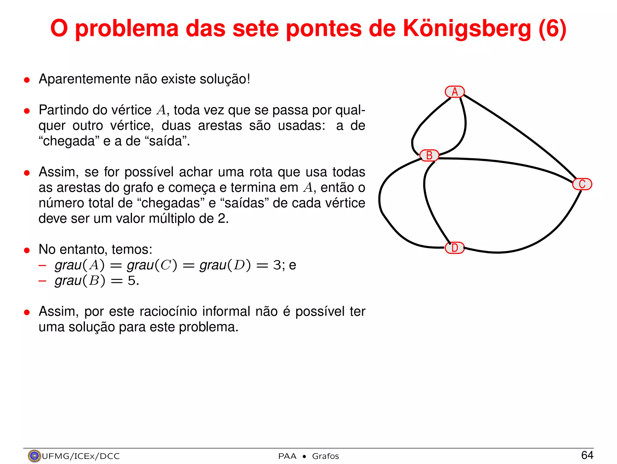 O problema das sete pontes de Königsberg (6)
• Aparentemente não existe solução!
A

• Partindo do vértice A, toda vez que se passa por qualquer outro vértice, duas arestas são usadas: a de
“chegada” e a de “saída”.
B

• Assim, se for possível achar uma rota que usa todas
as arestas do grafo e começa e termina em A, então o
número total de “chegadas” e “saídas” de cada vértice
deve ser um valor múltiplo de 2.

C

D

• No entanto, temos:
– grau(A) = grau(C) = grau(D) = 3; e
– grau(B) = 5.
• Assim, por este raciocínio informal não é possível ter
uma solução para este problema.

UFMG/ICEx/DCC

PAA

·

Grafos

64

 