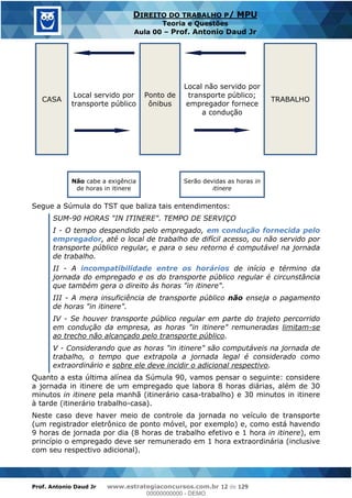 Prof. Antonio Daud Jr www.estrategiaconcursos.com.br 12 de 129
DIREITO DO TRABALHO P/ MPU
Teoria e Questões
Aula 00 Prof. Antonio Daud Jr
CASA
Ponto de
ônibus
TRABALHO
Local servido por
transporte público
Local não servido por
transporte público;
empregador fornece
a condução
Não cabe a exigência
de horas in itinere
Serão devidas as horas in
itinere
Segue a Súmula do TST que baliza tais entendimentos:
SUM-90 HORAS "IN ITINERE". TEMPO DE SERVIÇO
I - O tempo despendido pelo empregado, em condução fornecida pelo
empregador, até o local de trabalho de difícil acesso, ou não servido por
transporte público regular, e para o seu retorno é computável na jornada
de trabalho.
II - A incompatibilidade entre os horários de início e término da
jornada do empregado e os do transporte público regular é circunstância
que também gera o direito às horas "in itinere".
III - A mera insuficiência de transporte público não enseja o pagamento
de horas "in itinere".
IV - Se houver transporte público regular em parte do trajeto percorrido
em condução da empresa, as horas "in itinere" remuneradas limitam-se
ao trecho não alcançado pelo transporte público.
V - Considerando que as horas "in itinere" são computáveis na jornada de
trabalho, o tempo que extrapola a jornada legal é considerado como
extraordinário e sobre ele deve incidir o adicional respectivo.
Quanto a esta última alínea da Súmula 90, vamos pensar o seguinte: considere
a jornada in itinere de um empregado que labora 8 horas diárias, além de 30
minutos in itinere pela manhã (itinerário casa-trabalho) e 30 minutos in itinere
à tarde (itinerário trabalho-casa).
Neste caso deve haver meio de controle da jornada no veículo de transporte
(um registrador eletrônico de ponto móvel, por exemplo) e, como está havendo
9 horas de jornada por dia (8 horas de trabalho efetivo e 1 hora in itinere), em
princípio o empregado deve ser remunerado em 1 hora extraordinária (inclusive
com seu respectivo adicional).
00000000000
00000000000 - DEMO
 