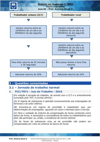 Prof. Antonio Daud Jr www.estrategiaconcursos.com.br 43 de 129
DIREITO DO TRABALHO P/ MPU
Teoria e Questões
Aula 00 Prof. Antonio Daud Jr
Trabalhador urbano (CLT) Trabalhador rural
Horário noturno entre as
22h00min de um dia e as
05h00min do dia seguinte
Horário noturno entre as
21h00min de um dia e as
05h00min do dia seguinte
(lavoura)
Horário noturno entre as
20h00min de um dia e as
04h00min do dia seguinte
(pecuária)
Hora ficta noturna de 52 minutos
e 30 segundos
Não possui direito a hora ficta
noturna
Adicional noturno de 20% Adicional noturno de 25%
3 Questões comentadas
3.1 Jornada de trabalho normal
1. FCC/TRT1 - Juiz do Trabalho - 2016
Em relação à duração do trabalho, de acordo com a CLT e o entendimento
sumulado pelo TST, é correto afirmar:
(A) O regime de sobreaviso é aplicado exclusivamente aos empregados de
ferrovias e do setor elétrico.
(B) Encontra-se em regime de prontidão o trabalhador que, por
determinação do empregador, aguarda em casa o chamado para o serviço.
(C) Para a validade do sistema de compensação de horas conhecido como
banco de horas, é necessária a concordância de todos os trabalhadores que
dele vão participar ou, então, a existência de norma coletiva.
(D) As horas de sobreaviso e/ou as de prontidão não podem ser
compensadas por meio do sistema de banco de horas.
00000000000
00000000000 - DEMO
 