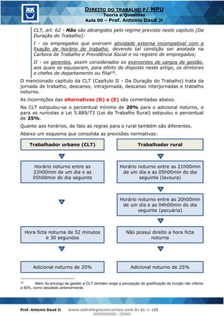 Prof. Antonio Daud Jr www.estrategiaconcursos.com.br 61 de 129
DIREITO DO TRABALHO P/ MPU
Teoria e Questões
Aula 00 Prof. Antonio Daud Jr
CLT, art. 62 - Não são abrangidos pelo regime previsto neste capítulo [Da
Duração do Trabalho]:
I - os empregados que exercem atividade externa incompatível com a
fixação de horário de trabalho, devendo tal condição ser anotada na
Carteira de Trabalho e Previdência Social e no registro de empregados;
II - os gerentes, assim considerados os exercentes de cargos de gestão,
aos quais se equiparam, para efeito do disposto neste artigo, os diretores
e chefes de departamento ou filial16.
O mencionado capítulo da CLT (Capítulo II - Da Duração do Trabalho) trata da
jornada de trabalho, descanso, intrajornada, descanso interjornadas e trabalho
noturno.
As incorreções das alternativas (D) e (E) são comentadas abaixo.
Na CLT estipulou-se o percentual mínimo de 20% para o adicional noturno, e
para os rurícolas a Lei 5.889/73 (Lei do Trabalho Rural) estipulou o percentual
de 25%.
Quanto aos horários, de fato as regras para o rural também são diferentes.
Abaixo um esquema que consolida as previsões normativas:
Trabalhador urbano (CLT) Trabalhador rural
Horário noturno entre as
22h00min de um dia e as
05h00min do dia seguinte
Horário noturno entre as 21h00min
de um dia e as 05h00min do dia
seguinte (lavoura)
Horário noturno entre as 20h00min
de um dia e as 04h00min do dia
seguinte (pecuária)
Hora ficta noturna de 52 minutos
e 30 segundos
Não possui direito a hora ficta
noturna
Adicional noturno de 20% Adicional noturno de 25%
16
Além do encargo de gestão a CLT também exige a percepção de gratificação de função não inferior
a 40%, como estudado anteriormente.
00000000000
00000000000 - DEMO
 