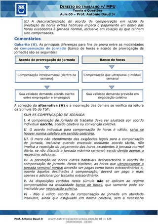 Prof. Antonio Daud Jr www.estrategiaconcursos.com.br 88 de 129
DIREITO DO TRABALHO P/ MPU
Teoria e Questões
Aula 00 Prof. Antonio Daud Jr
(E) A descaracterização do acordo de compensação em razão da
prestação de horas extras habituais implica o pagamento em dobro das
horas excedentes à jornada normal, inclusive em relação às que tenham
sido compensadas.
Comentários
Gabarito (A). As principais diferenças para fins de prova entre as modalidades
de compensação de jornada (banco de horas e acordo de prorrogação de
jornada) são as seguintes:
Acordo de prorrogação de jornada Banco de horas
Compensação intrassemanal (dentro da
semana)
Compensação que ultrapassa o módulo
semanal
Sua validade demanda acordo escrito
entre empregador e empregado
Sua validade demanda previsão em
negociação coletiva
A correção da alternativa (A) e a incorreção das demais se verifica na leitura
da Súmula 85 do TST:
SUM-85 COMPENSAÇÃO DE JORNADA
I. A compensação de jornada de trabalho deve ser ajustada por acordo
individual escrito, acordo coletivo ou convenção coletiva.
II. O acordo individual para compensação de horas é válido, salvo se
houver norma coletiva em sentido contrário.
III. O mero não atendimento das exigências legais para a compensação
de jornada, inclusive quando encetada mediante acordo tácito, não
implica a repetição do pagamento das horas excedentes à jornada normal
diária, se não dilatada a jornada máxima semanal, sendo devido apenas o
respectivo adicional.
IV. A prestação de horas extras habituais descaracteriza o acordo de
compensação de jornada. Nesta hipótese, as horas que ultrapassarem a
jornada semanal normal deverão ser pagas como horas extraordinárias e,
quanto àquelas destinadas à compensação, deverá ser pago a mais
apenas o adicional por trabalho extraordinário.
V. As disposições contidas nesta súmula não se aplicam ao regime
compensatório na modalidade banco de horas, que somente pode ser
instituído por negociação coletiva.
VI - Não é válido acordo de compensação de jornada em atividade
insalubre, ainda que estipulado em norma coletiva, sem a necessária
00000000000
00000000000 - DEMO
 