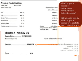 IgM quando positiv
o indica que a
pessoa se
contaminou
recentemente
(infecção aguda)
IgG quando positiv
o indica que a
pessoa teve contato
com o vírus A e que
curou.
 