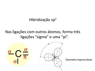 Hibridização sp2
Nas ligações com outros átomos, forma três
ligações “sigma” e uma “pi”.
Geometria trigonal planar
 