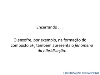 Encerrando . . .
O enxofre, por exemplo, na formação do
composto SF6 também apresenta o fenômeno
da hibridização.
HIBRIDIZAÇÃO DO CARBONO
 