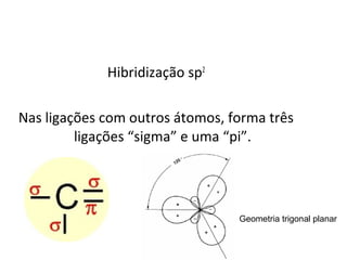 Hibridização sp2
Nas ligações com outros átomos, forma três
ligações “sigma” e uma “pi”.
Geometria trigonal planar
 