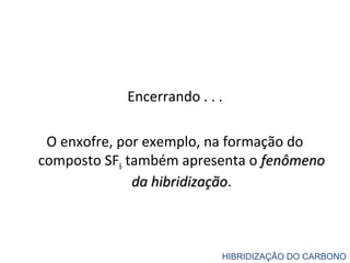 Encerrando . . .
O enxofre, por exemplo, na formação do
composto SF6 também apresenta o fenômenofenômeno
da hibridizaçãoda hibridização.
HIBRIDIZAÇÃO DO CARBONO
 