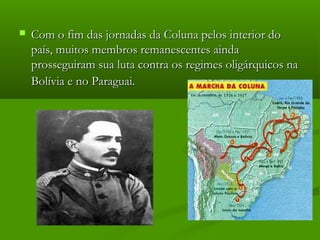  Com o fim das jornadas da Coluna pelos interior doCom o fim das jornadas da Coluna pelos interior do
país, muitos membros remanescentes aindapaís, muitos membros remanescentes ainda
prosseguiram sua luta contra os regimes oligárquicos naprosseguiram sua luta contra os regimes oligárquicos na
Bolívia e no Paraguai.Bolívia e no Paraguai.
 