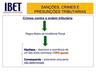 SANÇÕES, CRIMES E PRESUNÇÕES TRIBUTÁRIAS Crimes contra a ordem tributária Regra Matriz de Incidência Penal Hipótese  – descreve a ocorrência de um fato ilícito criminoso ( TIPO penal ) Consequente  – prescreve uma pena  não determinada 