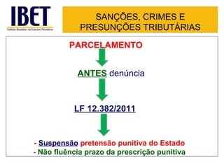 SANÇÕES, CRIMES E PRESUNÇÕES TRIBUTÁRIAS -  Suspensão  pretensão punitiva do Estado -  Não fluência prazo da prescrição punitiva LF 12.382/2011 PARCELAMENTO ANTES  denúncia 