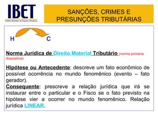 H    C   SANÇÕES, CRIMES E PRESUNÇÕES TRIBUTÁRIAS Norma Jurídica de  Direito Material  Tributário  (norma primária dispositiva) Hipótese ou Antecedente : descreve um fato econômico de possível ocorrência no mundo fenomênico (evento – fato gerador). Consequente : prescreve a relação jurídica que irá se instaurar entre o particular e o Fisco se o fato previsto na hipótese vier a ocorrer no mundo fenomênico.  Relação jurídica  LINEAR . 